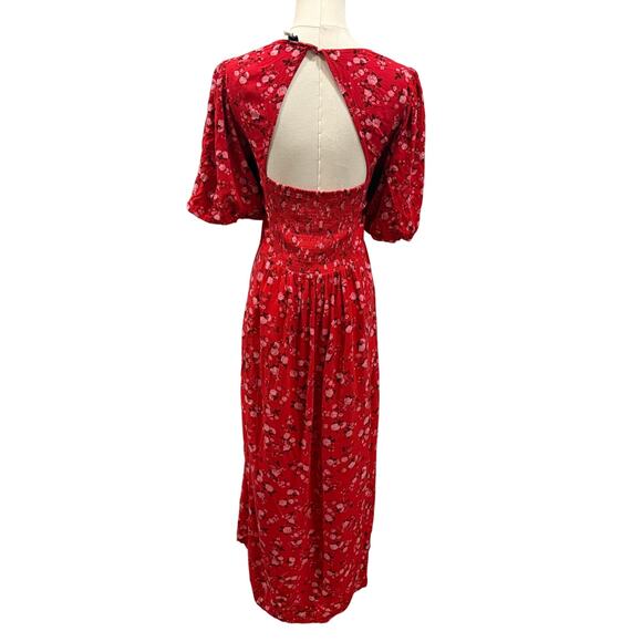 Old Navy Red Floral Puff Sleeve Midi Dress XL Smocked Open Back Cottagecore - Picture 2 of 8